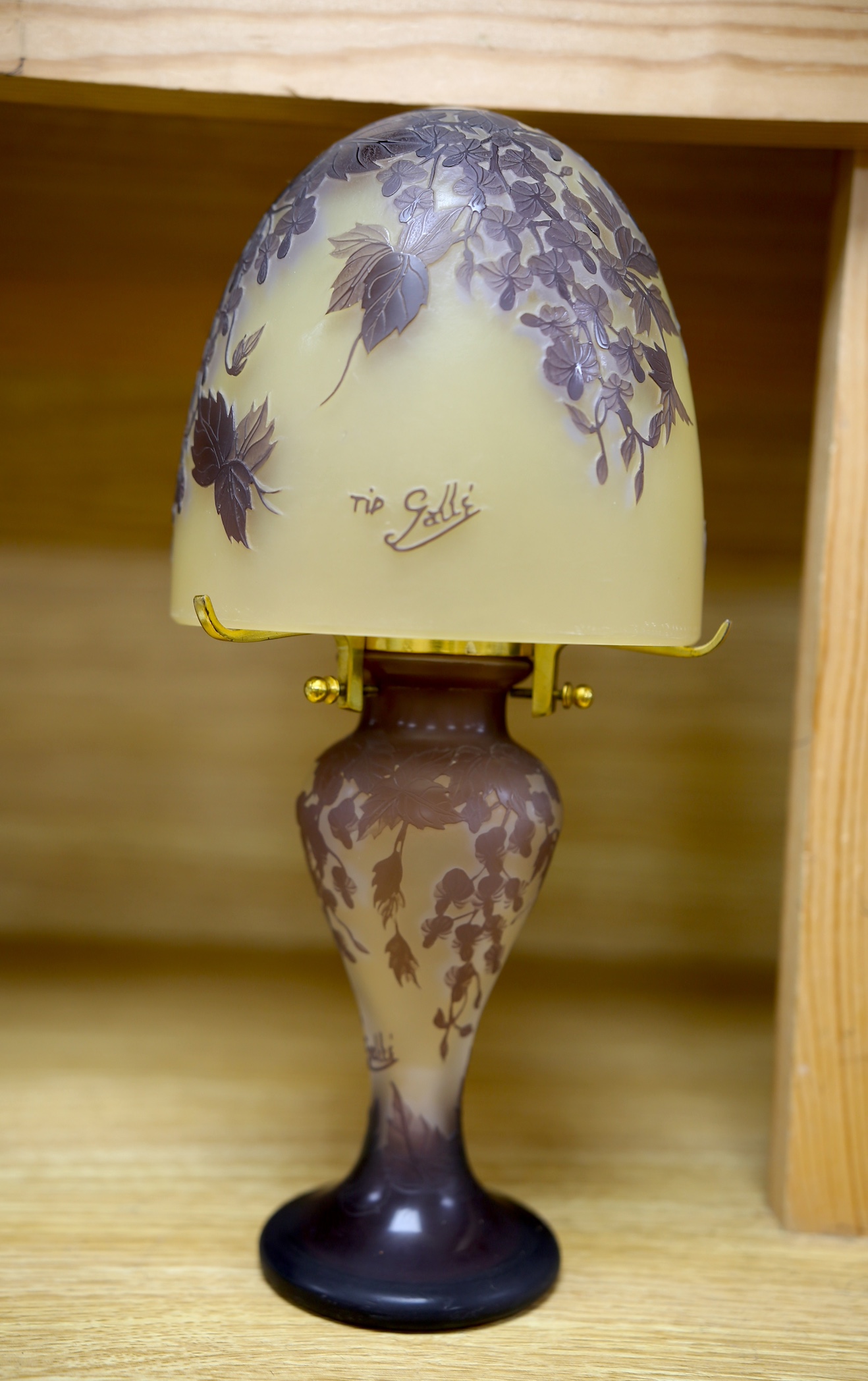 A Galle style cameo glass lamp and shade, 31cm. Condition - good, no electrical fittings or cables